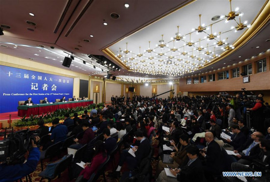 A press conference on reform of fiscal and taxation system and financial work is held during the first session of the 13th National People's Congress in Beijing, capital of China, March 7, 2018. (Xinhua/Shen Hong)