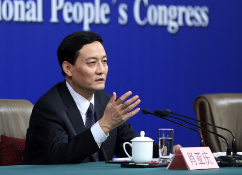 Xiao Yaqing, head of the State-Owned Assets Supervision and Administration Commission, speaks on Saturday on the sidelines of the 13th National People's Congress. (Photo/China Daily)