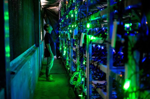 A technician checks mining equipment at a bitcoin mine in Sichuan Province. (Photo provided to China Daily)