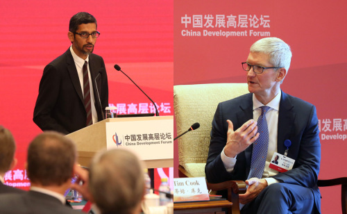 Google CEO Sundar Pichai (left) and Apple CEO Tim Cook speak at the China Development Forum 2018 in Beijing. (Photo by Feng Yongbin/China Daily)