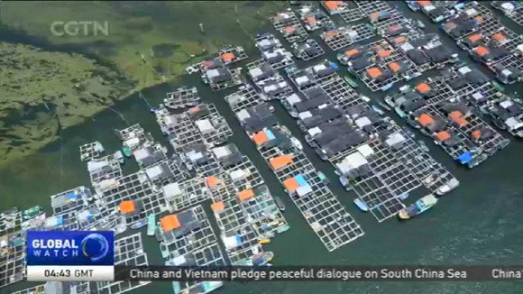 Birds eye view of Hainans aquaculture area, which accounts for over 1/6 of its waters. (Photo/CGTN)