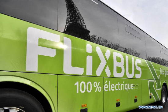 Photo taken on April 10, 2018 shows a 100 percent electric coach manufactured by Yutong Group in Paris, France. The German intercity bus service company Flixbus said late Tuesday it had introduced its first long-distance electric bus line in France provided by the Chinese manufacturer Yutong. (Xinhua/Chen Yichen)
