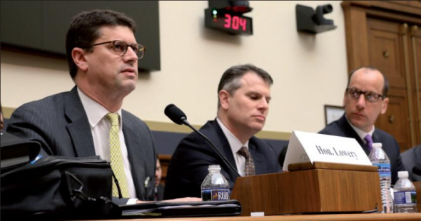  From left: Clay Lowery, managing director of Rock Creek Global Advisors; Jonathan Kallmer; senior vice-president at the Information Technology Industry Council; and David Marchick, managing director of The Carlyle Group, testify on Thursday before the House Financial Services Committee. (Photo by Chen Weihua/China Daily)
