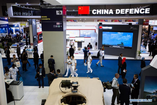 Visitors tour the China Defence exhibition area at the Defence Services Asia 2018 (DSA 2018) in Kuala Lumpur, Malaysia, April 16, 2018. Defense Services Asia 2018, a biennial defense and weaponry show, opened Monday in the Malaysian capital city Kuala Lumpur. (Xinhua/Zhu Wei)