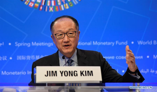 World Bank President Jim Yong Kim attends a press conference during the spring meetings of the International Monetary Fund and the World Bank in Washington D.C., the United States, on April 19, 2018.  (Xinhua/Yang Chenglin)