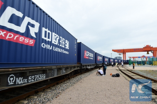 Photo taken on Sept. 9, 2017 shows a Chinese Railway Express cargo train leaving for Prague, the Czech Republic, from Yiwu, east China's Zhejiang Province. (Xinhua/Lyu Bin)
