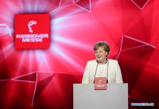 German Chancellor Angela Merkel addresses the opening ceremony of Hanover Fair 2018 in Hanover, Germany, April 22, 2018.  (Xinhua/Shan Yuqi)