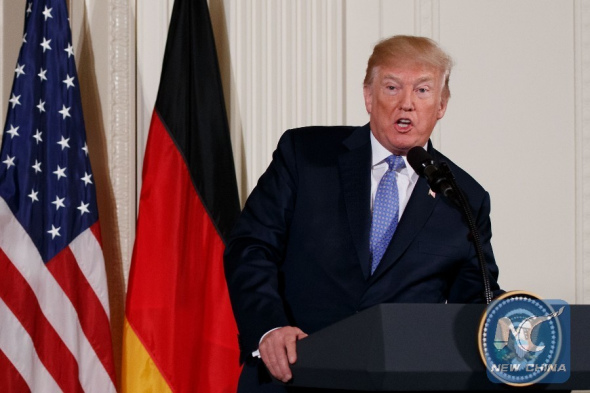 U.S. President Donald Trump speaks during a joint press conference with German Chancellor Angela Merkel (not in the picture) at the White House in Washington D.C., the United States, on April 27, 2018. (Xinhua/Ting Shen)