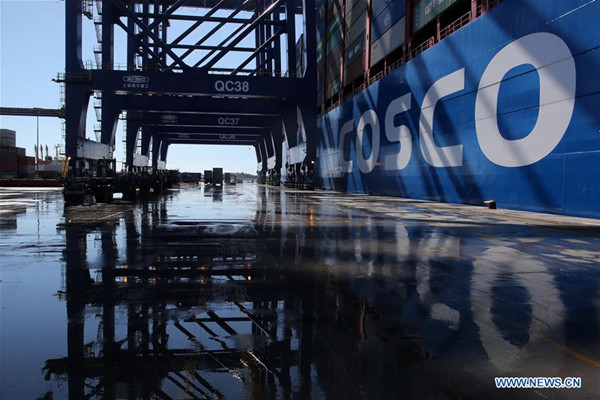 China's COSCO Shipping Taurus docks at Piraeus port, Greece, Feb. 26, 2018. (Xinhua/Marios Lolos)