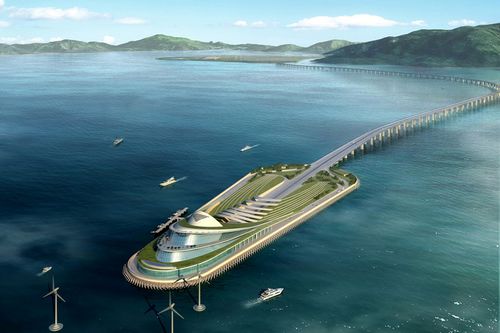 An architectural rendering shows the Hong Kong-Zhuhai-Macau Bridge.  