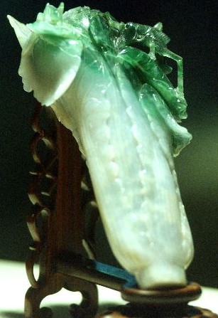 A photo of jadeite cabbage with insects.  