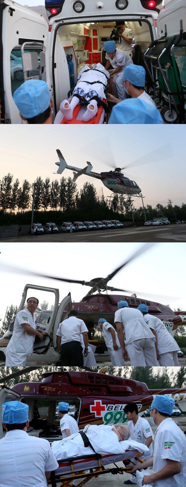 This combo photo shows Beijing Red Cross Emergency Center (999) transfers a 70-year-old American professor from Utah University onto a plane on Monday morning. (Photo source: bjnews.com.cn)