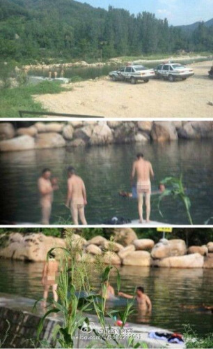 (Photos from a Sina Weibo show several men go skinny-dipping in a river at the Lushan scenic spot, Henan province. (Photo source: CNR.cn)