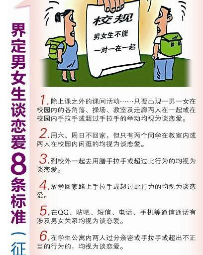 Eight rules that define interactions between boys and girls drafted by Xiang'an No.1 High School in Xiamen city.