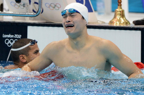 Winner Sun Yang of China reacts after the men's 800m freestyle final during the World Swimming Championships at the Sant Jordi arena in Barcelona July 31, 2013.[Photo/Xinhua]