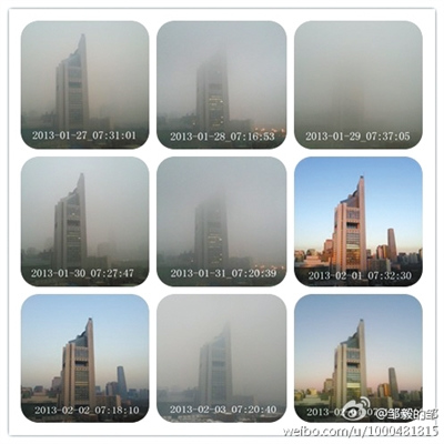 The set of photos show the air condition from Jan 27 to Feb 4 of 2013 in Beijing. (Photo source: screen shot from Sina Weibo)