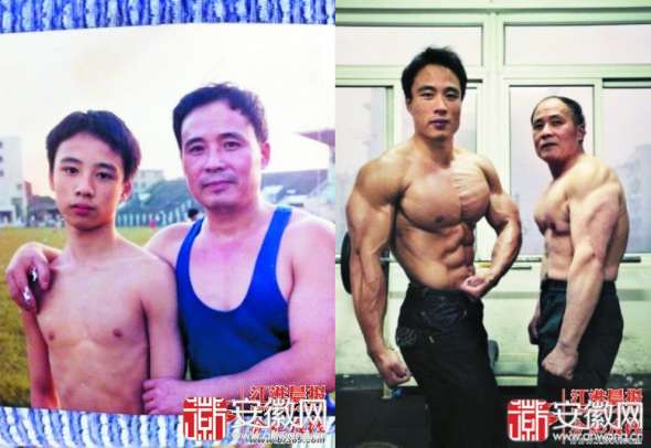 Two comparative photos showing a father and son obtaining bodybuilder-like physiques over a period of two decades. [Photo:http: www.ahwang.cn]