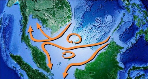 The orange arrows show the directions of ocean currents at the suspected site of missing MH370. (Photo source: chinanews.com)