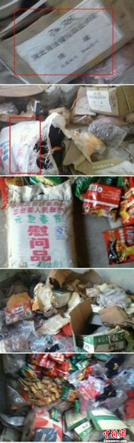 Expired instant noodles, bread, bottled water, rice and tattered clothes, all covered in mold. [Photo: chinanews.com]
