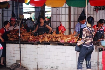 The undated photo shows dog meat at a stall in Yulin, Guangxi. [Photo: yldt.com]