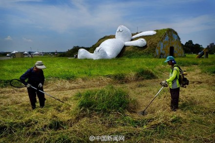 The rabbit reclines at an old aircraft hangar of the former Taoyuan Naval Base.