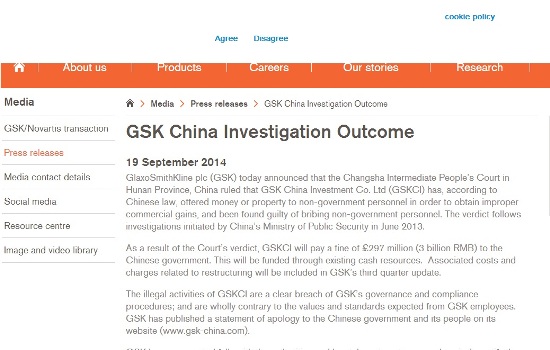 GSK posts the investigation outcome on its official website on Friday, Sept. 19, 2014. (Photo: CNS)