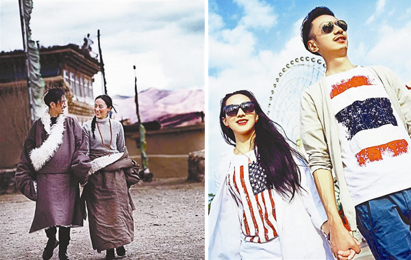 This combo photo shows Kalsang Phuntsok and his wife Dawa Dolma in iconic Tibetan costumes (Left) and vogue dresses (Right). (Photo/www.ynet.com)