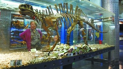 Coins and notes are seen in a glass case displaying a dinosaur fossil at the Beijing Museum of Natural History. (Photo/www.yangtse.com)