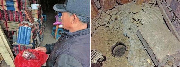 This combo photo shows an old man holds the destroyed banknotes (L) and the place where he hides his money(R). (Photo/West China News)