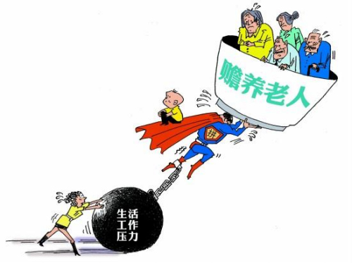 This cartoon shows pressure of elderly care in China. (Photo: China Youth Daily/Wang Nailing)