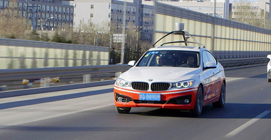 A driverless car designed by Baidu is on the road. The company plans to commercialize its driverless car in three to five years. (File photo)