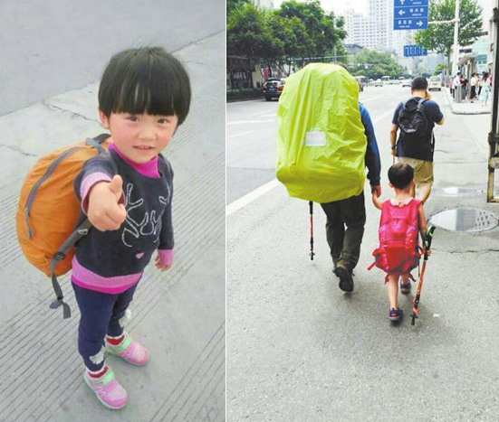 This combo photo shows 4-year-old girl Wenwen (L) and her father on the journey. (Photo/West China Metropolis Daily)