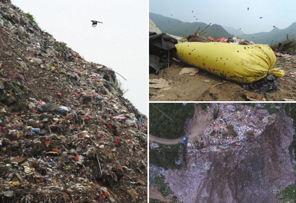 This combo photo shows a garbage dump in Beijing's Fangshan District. (Photo/Beijing Times)