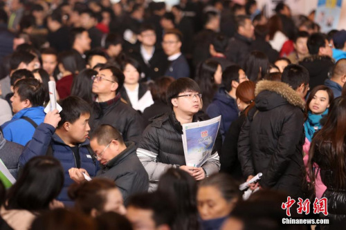 Job seekers at a job fair held in Beijing International Exhibition Center, Feb. 11, 2017. (Photo: China News Service/Han Haidan)
