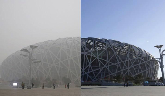 A combo photo shows the contrast of the National Stadium (Bird's Nest) in a smoggy day and a clear day in Beijing. (File photo)