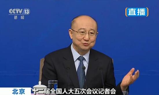 Zhi Shuping, head of the General Administration of Quality Supervision, Inspection and Quarantine addresses a press conference for the fifth session of the 12th NPC in Beijing, March 14, 2017. Photo/Screenshot from CCTV