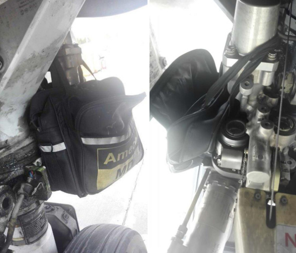This combo photo shows a tool bag that bears the word Ameco hanging on a plane. (Photo from Weibo)