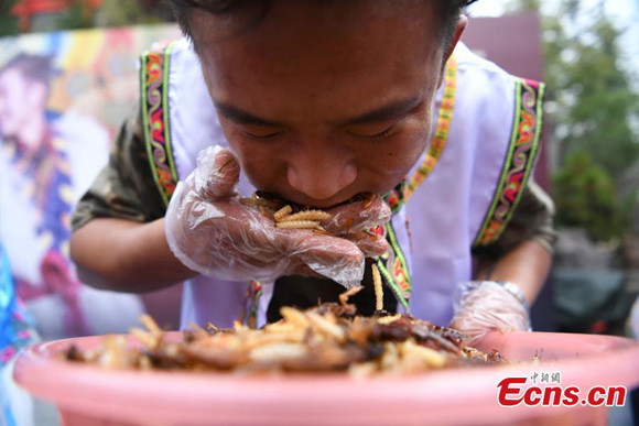 A participant competes in eating insects in Lijiang City, Southwest China��s Yunnan Province, June 25, 2017. A man gobbled 1.23 kilograms of insects in five minutes to win the first prize of a 24K gold bar in the competition. (Photo: China News Service/Chen Chao)