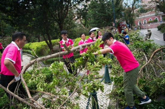 Volunteers of Women's General Association of Macao clean a road in Macao, south China, Aug. 24, 2017. Bringing heavy gusts and rainstorms, Hato destroyed more than 4,000 trees in Macao on Wednesday. (Xinhua)