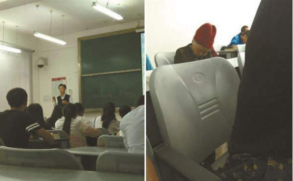 This combo photo shows Hu Ming, an associate professor, gives a lecture in the class (L), and his mother sits in the back of the class (R). (Photo/eijing Youth Daily)