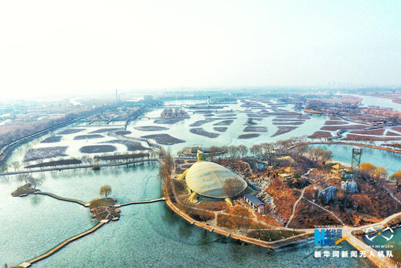 The aerial photo taken on Jan. 1, 2018 shows a view of Baiyangdian, one of the largest freshwater wetlands in north China, in Anxin County, north China's Hebei Province.  (Xinhuanet/Mao Heran)