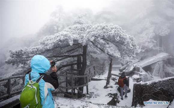 A tourist takes photos at the Huangshan Mountain scenic spot in Huangshan City, east China's Anhui Province, Dec. 16, 2017. (Photo/Xinhua)