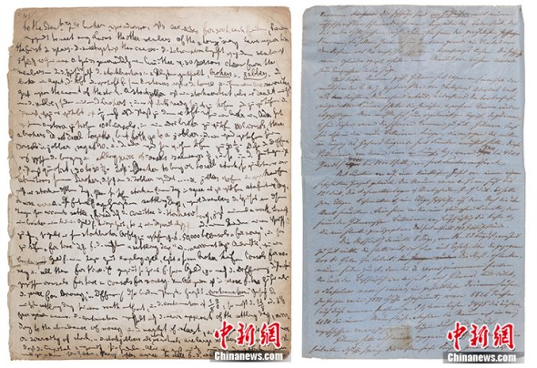 This combo photo shows manuscripts by Karl Marx (L) and Friedrich Engels (R) respectively. (Photos provided to China News Service)