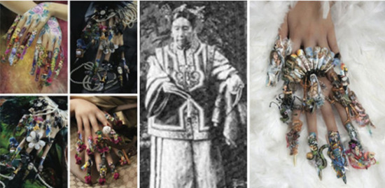 Empress Dowager Cixi: look closely and spot the nails (C). Striking Ming Dynasty nail design: the longer, the better (L&R).