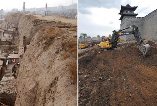 A historical profile photo of the south part of the Datong Ancient City Wall (left) and Datong Yonghemen Square under construction on August 10, 2012 (right). [Photo/Xinhua]  