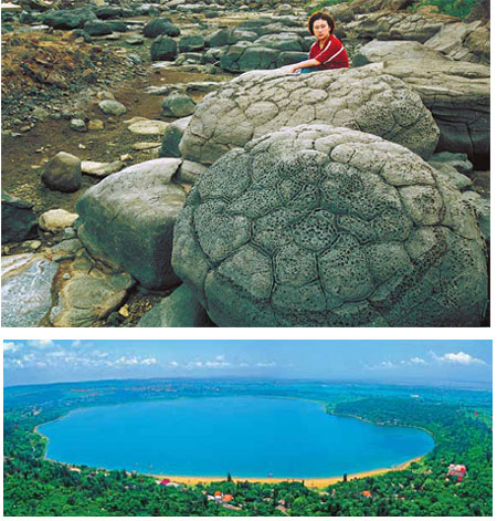 Top: This turtle-shaped rock is one of nature's magical creations in Zhanjiang, Guangdong province. Above: The 2.3-sq-km lake shines like a jewel among lush vegetation at Huguangyan Geopark. Photos Provided to China Daily