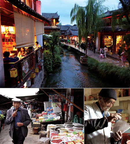 Clockwise from top: A twilight scene along one of Lijiang Old Town's canals. At 90, Dr Ho Shixiu still runs the Jade Dragon Snow Mountain Chinese Medicine Clinic. An Old Town market offers visitors a glimpse into the local people's life.[ Photos / For Agencies]