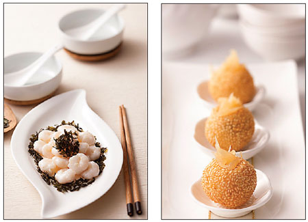 Two recommended dishes of the Dining Room are wok-fried shrimp with longjing tea and crispy rice dumplings. Photos Provided to China Daily