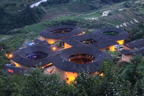 Tulou, the circular communal buildings built by local Hakka people.