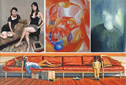 Clockwise from top left: Student from the Oil Painting Institute and professional model No 3, 2010, oil on canvas, by Chen Danqing. Akkerman 2012 No. 148, by Philip Akkerman. Thomas of Crete Island, 2007-2009, oil on canvas, by Mao Yan. 2 Confidente, 1988, oil on canvas, by Jan Worst.